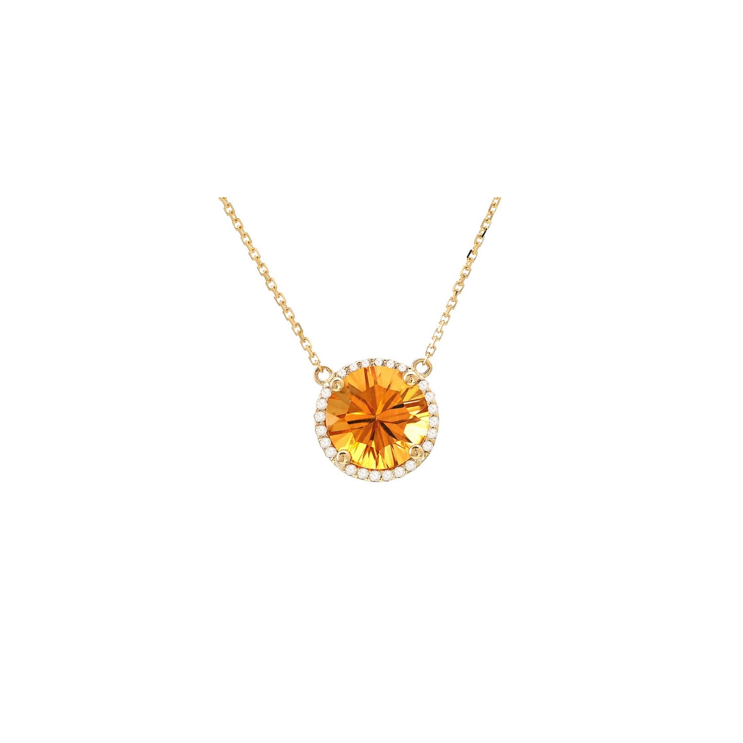 14k Gold Citrine & Diamonds Round Pendant Necklace