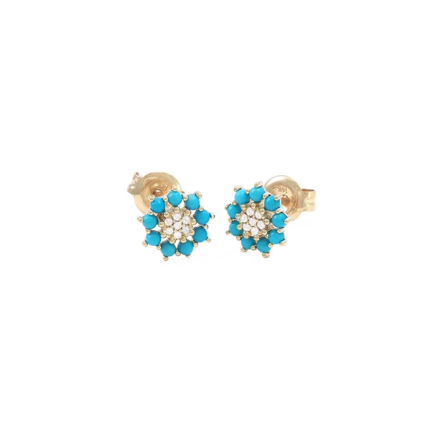 14k Gold Turquoise & Diamonds Flower Earrings