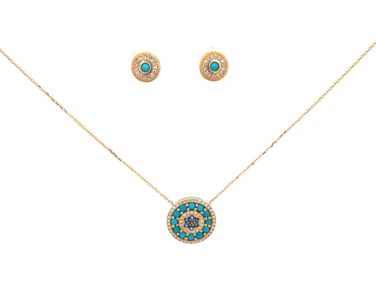 14k Gold Turquoise & Diamonds Round Earrings