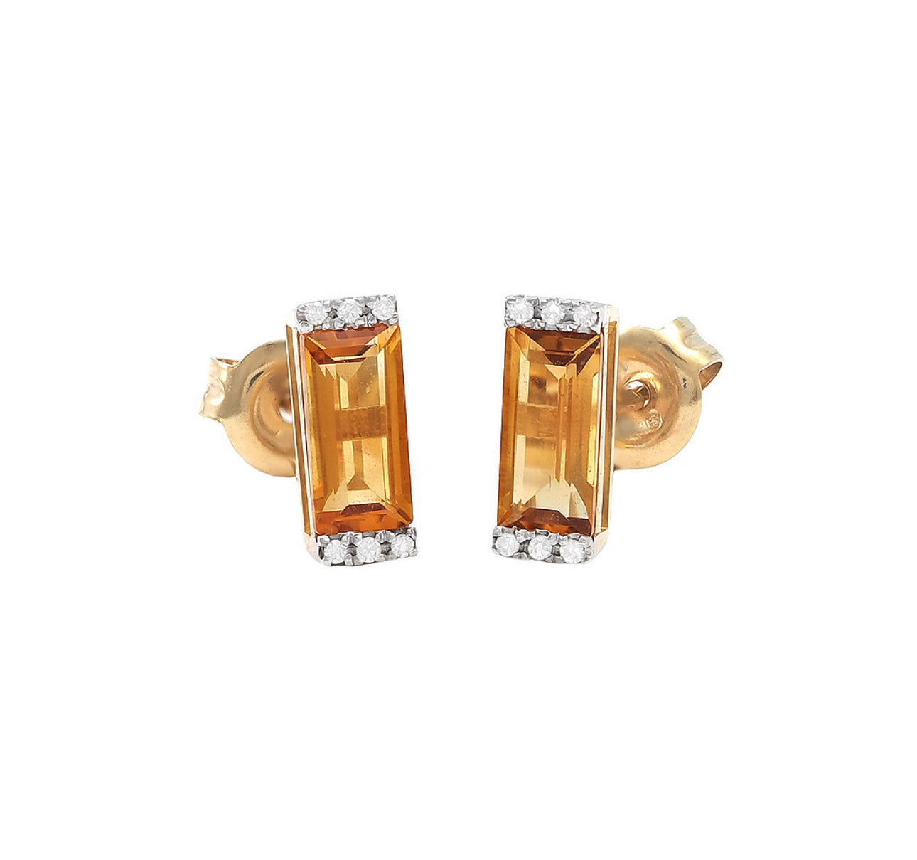 14k Gold Baguette Earrings Citrine & Diamonds