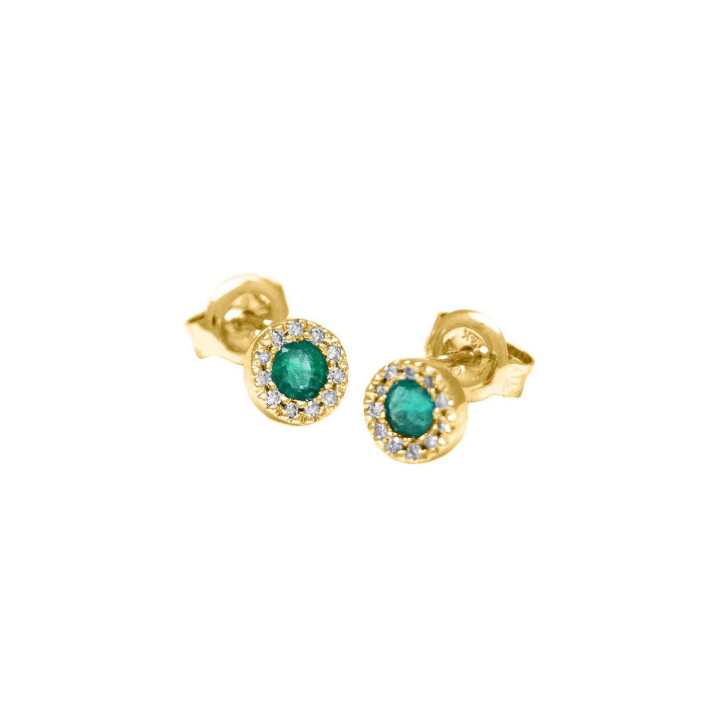 14k Gold Halo Round Emerald & Diamonds Earrings