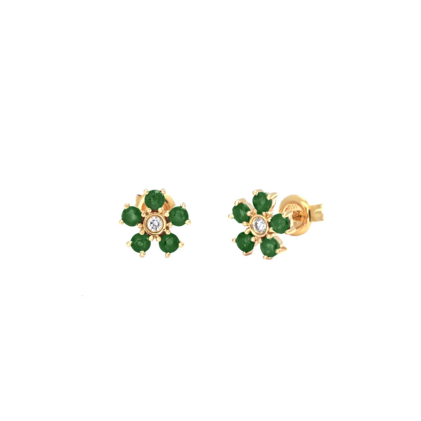 14k White Gold Emerald & Diamonds Five Petal Flower Earrings