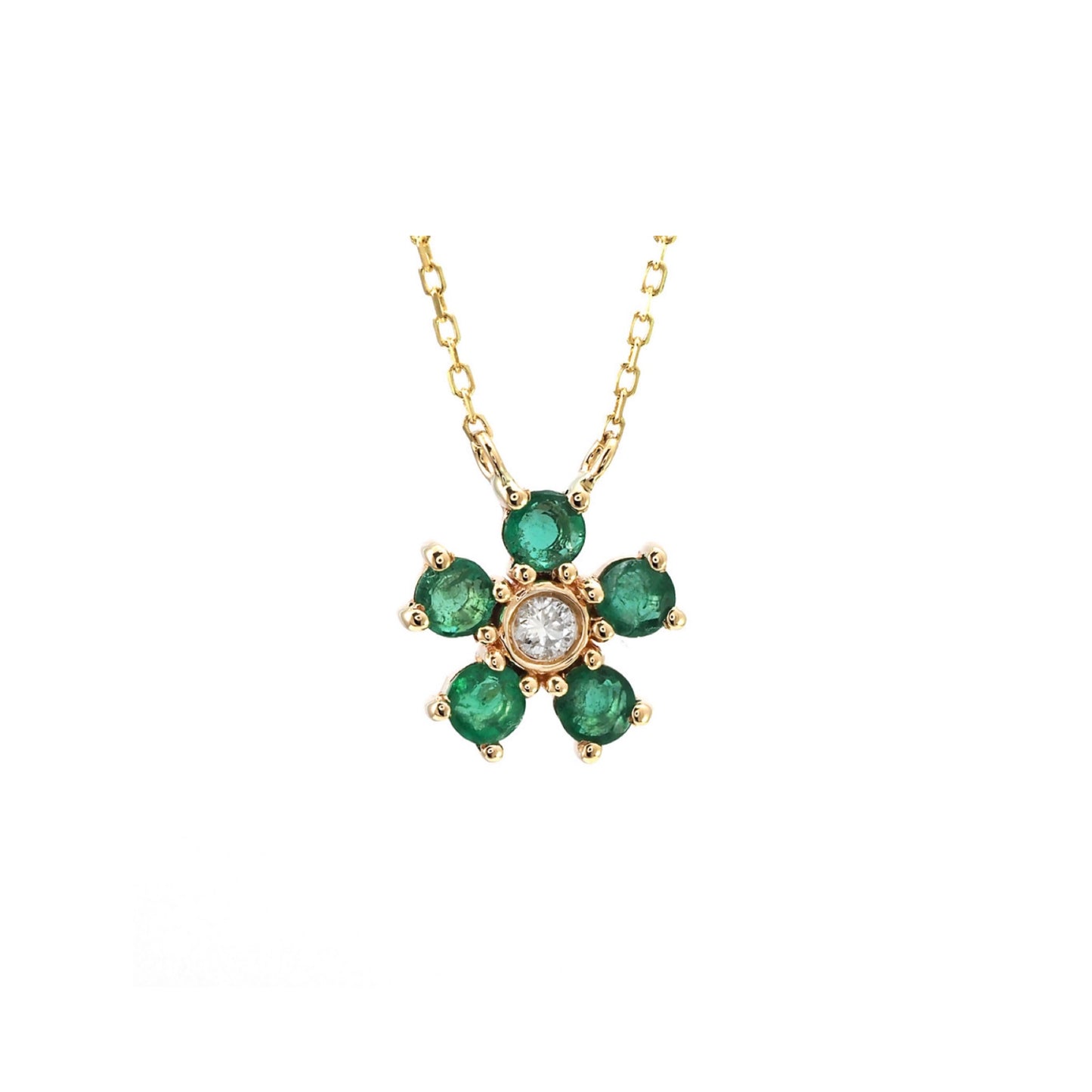 14k Gold Emerald Five Petal Flower Necklace