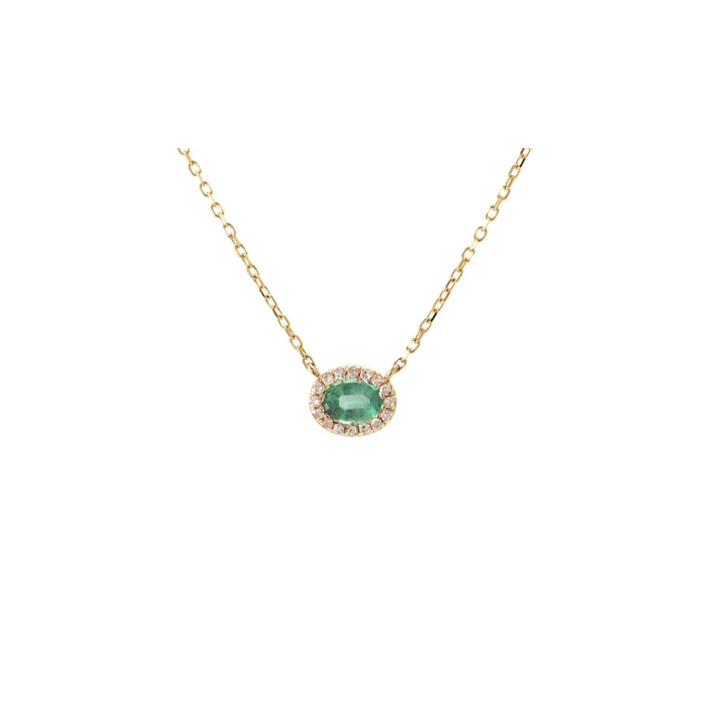 14k Gold Halo Oval Emerald Necklace