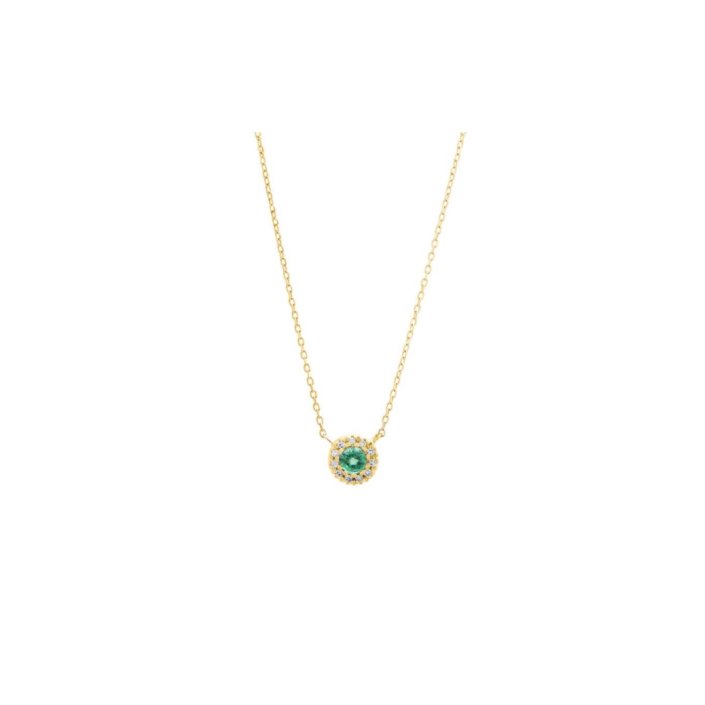 14k Gold Halo Round Emerald Necklace