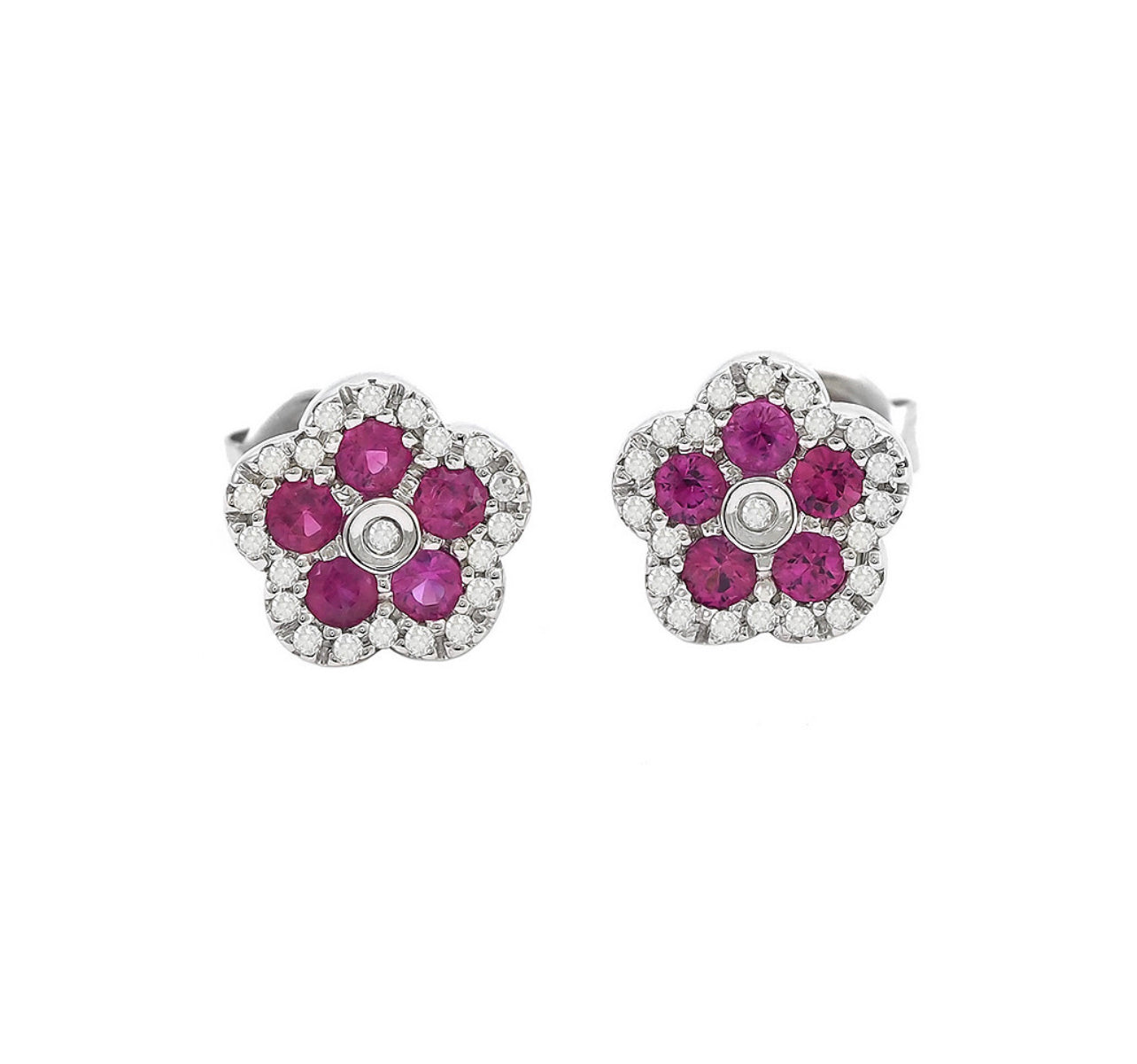 14k White Gold Ruby & Diamonds Flower Earrings