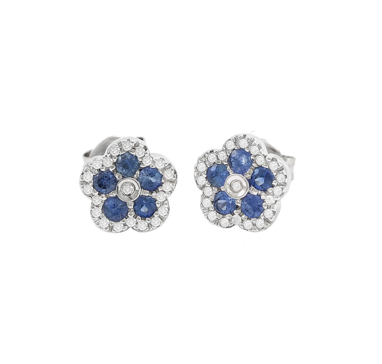 14k White Gold Sapphire & Diamonds Flower Earrings