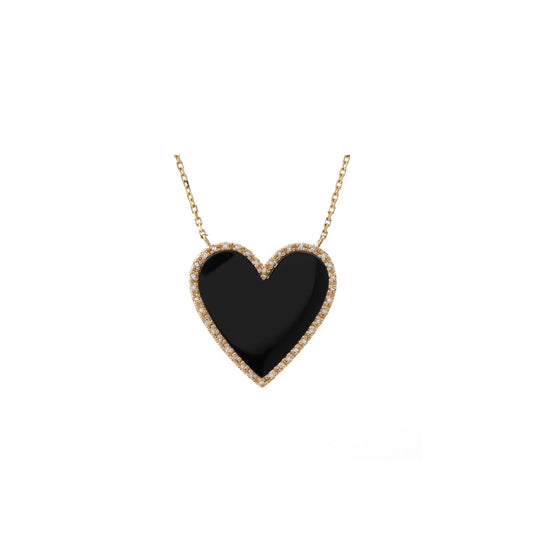 14K Gold Onyx & Diamonds Heart Necklace