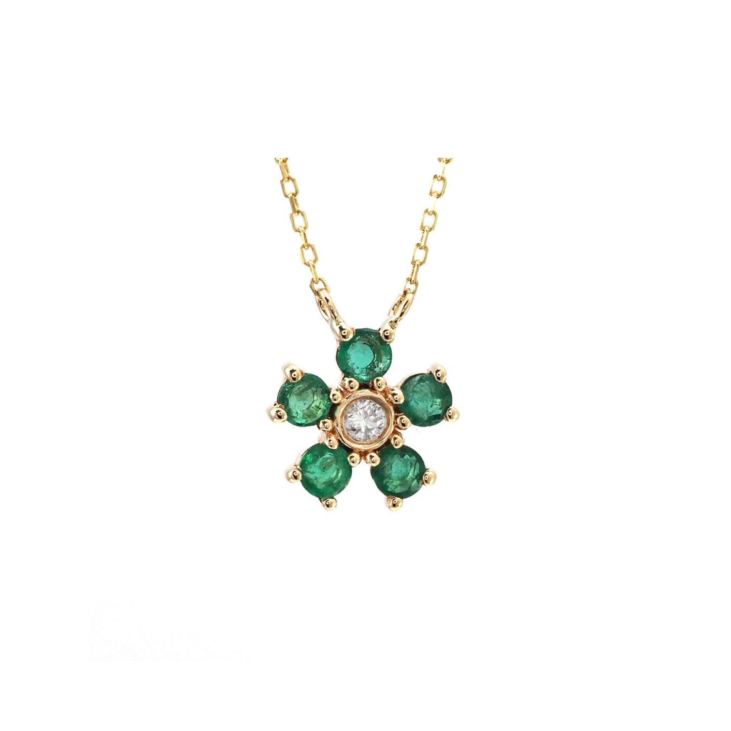 14k Gold Emerald Five Petal Flower Necklace