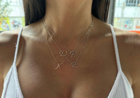 14k Gold Cursive Letter with Diamonds Necklace