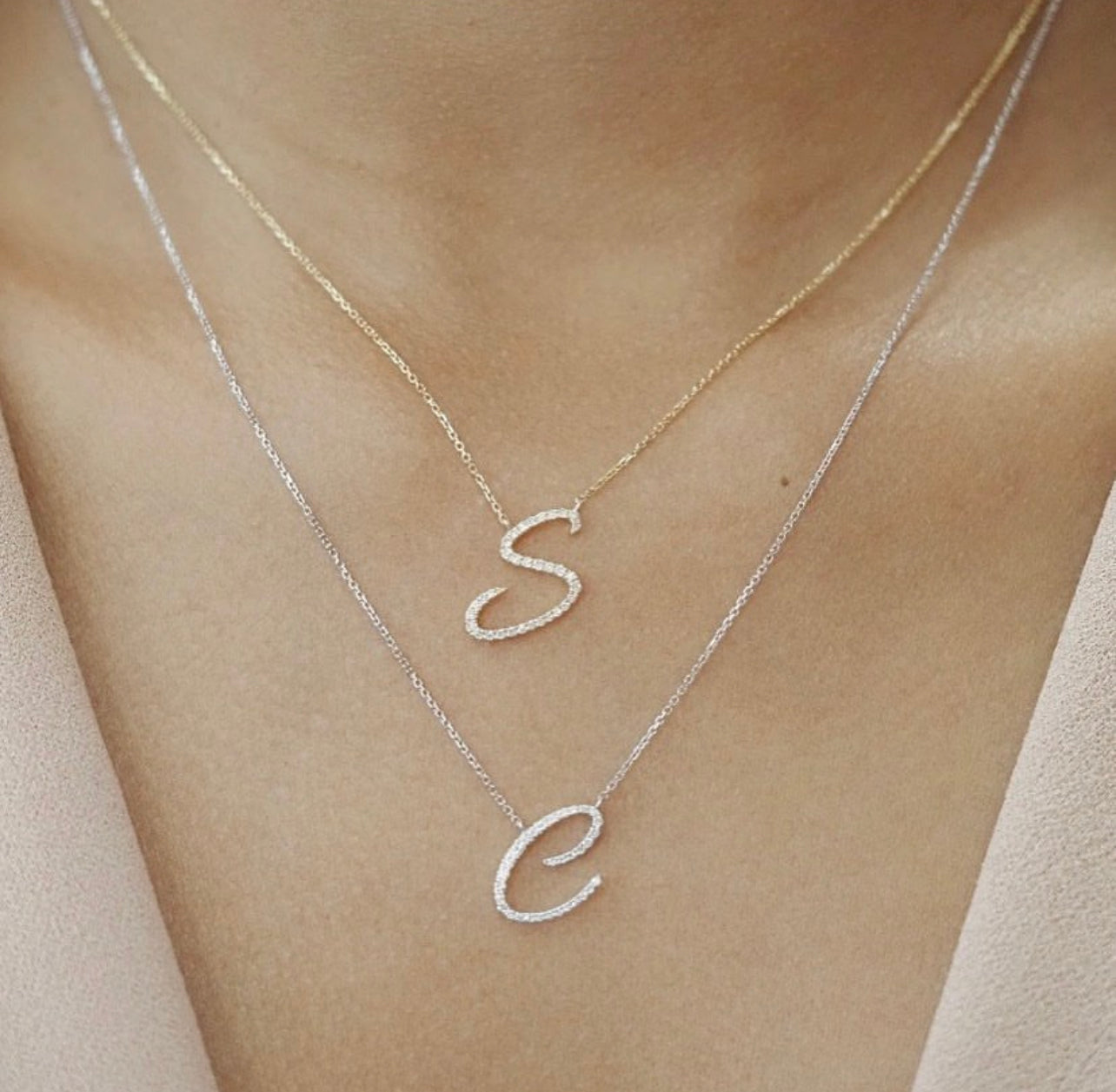 14k Gold Cursive Letter with Diamonds Necklace